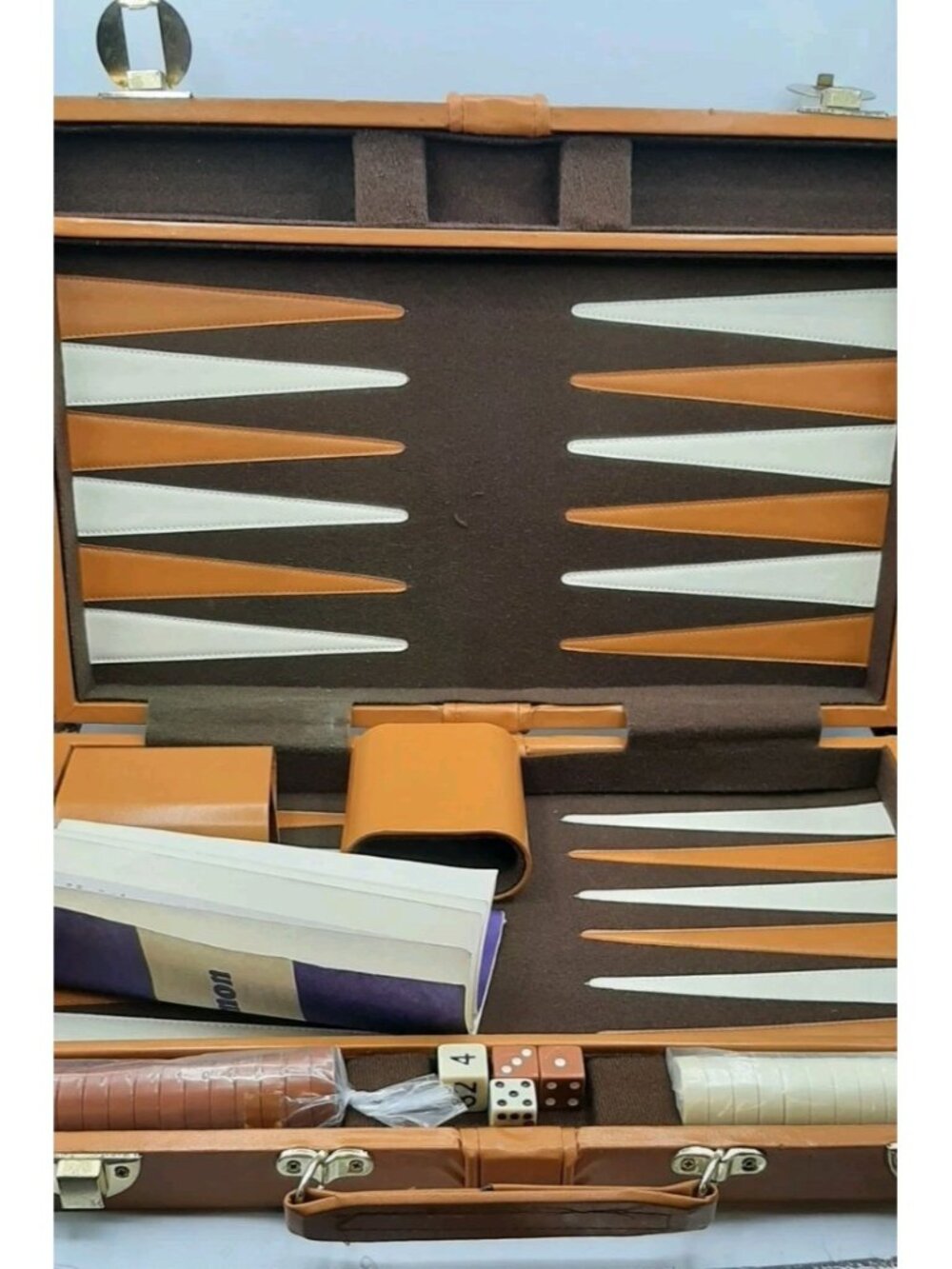 Vintage Backgammon Game Set Vegan Leather Tan Attache Briefcase NEW Instructions